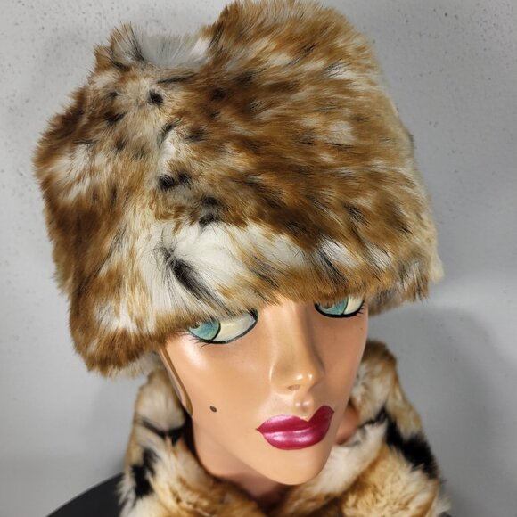 NWT~PAMELA MCCOY~BROWN BLACK FAUX FOX MINK FUR ANIMAL PRINT STOLE SCARF WRAP HAT - Picture 14 of 16